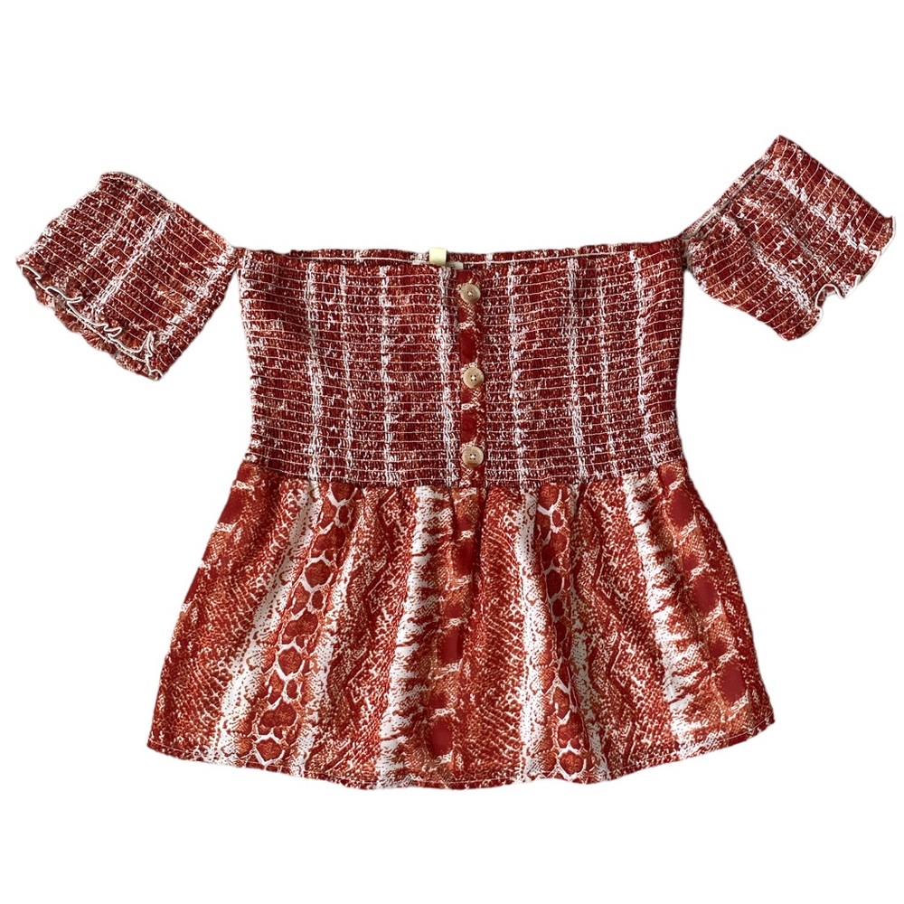 Francesca's Collections Rust Red & White Off-Shoulder Smocked Peplum Top